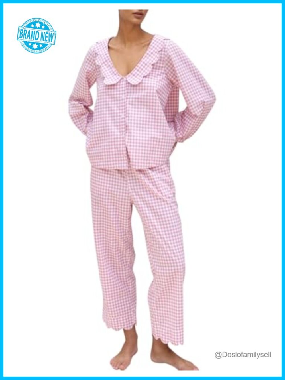 100% Cotton Gingham Pajama Set Scalloped Edge Long Sleeve Sleepwear Lounge Set